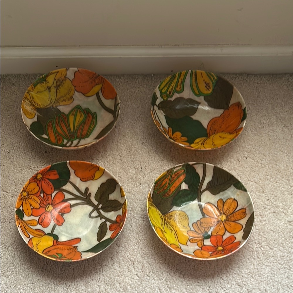 (4) Vintage 70s Mod Floral Papier-Mâché Bowls – Boho Hippie Decor India Style